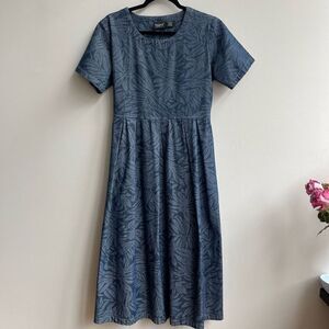 Naqui New York Womens Denim Midi Dress Tie Back Short Sleeve Botanical Printed B